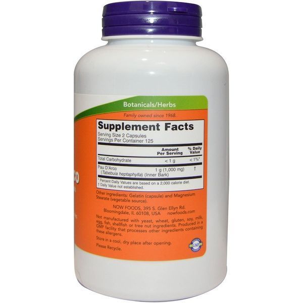 Кора мурашиного дерева протизапальна Pau d'arco, Now Foods 500 mg, 250 капсул 036 фото